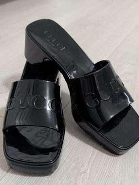 Gucci Black Patent Logo Slide Mules
